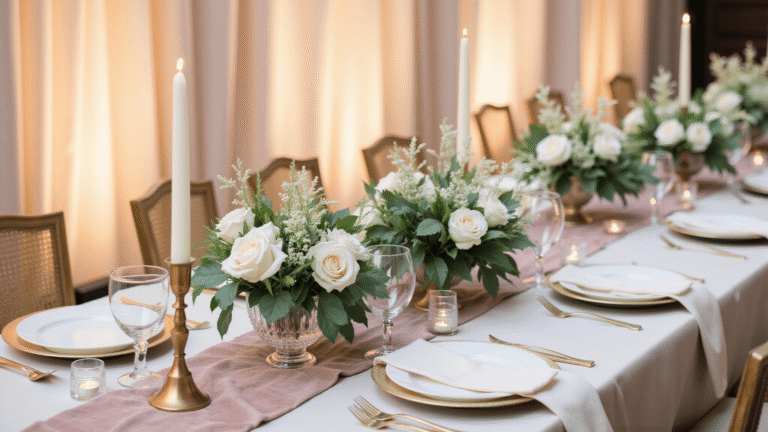 Elegant wedding reception table with ivory silk linens and blush velvet runner, adorned with tall brass candlesticks, white flowers, and candlelight, captured in warm golden hour light.