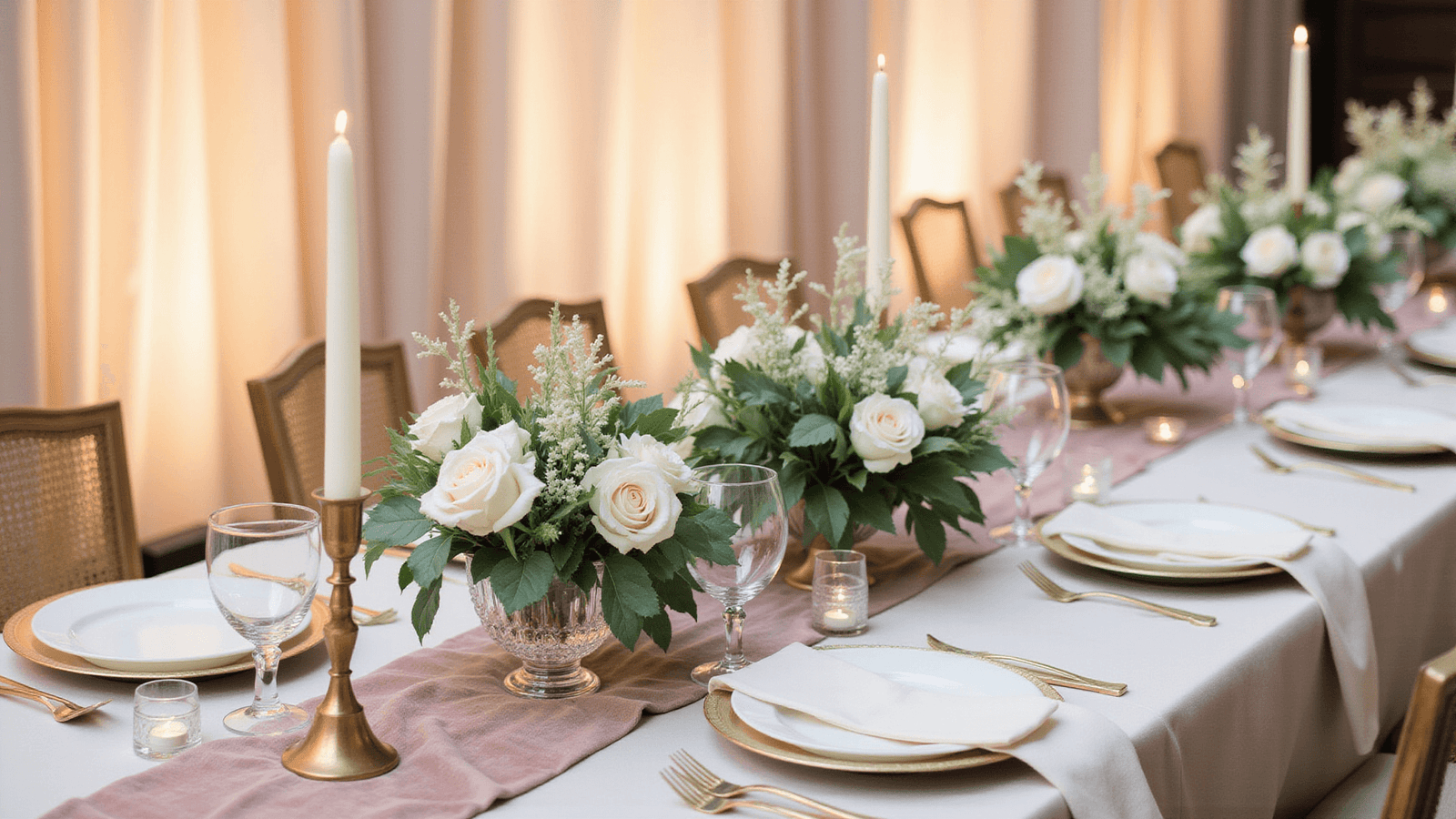 Elegant wedding reception table with ivory silk linens and blush velvet runner, adorned with tall brass candlesticks, white flowers, and candlelight, captured in warm golden hour light.