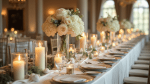 Cinematic overhead shot of an elegant white wedding reception table with ivory linens, tall glass vases of white flowers, flickering candles, and soft golden hour lighting creating a romantic ambiance.