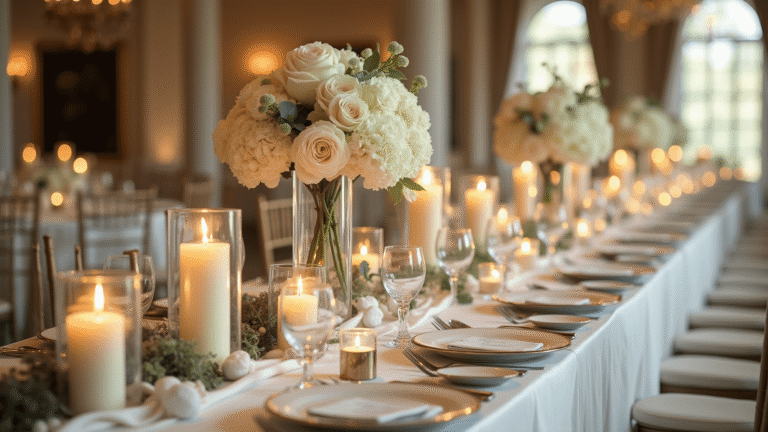 Cinematic overhead shot of an elegant white wedding reception table with ivory linens, tall glass vases of white flowers, flickering candles, and soft golden hour lighting creating a romantic ambiance.
