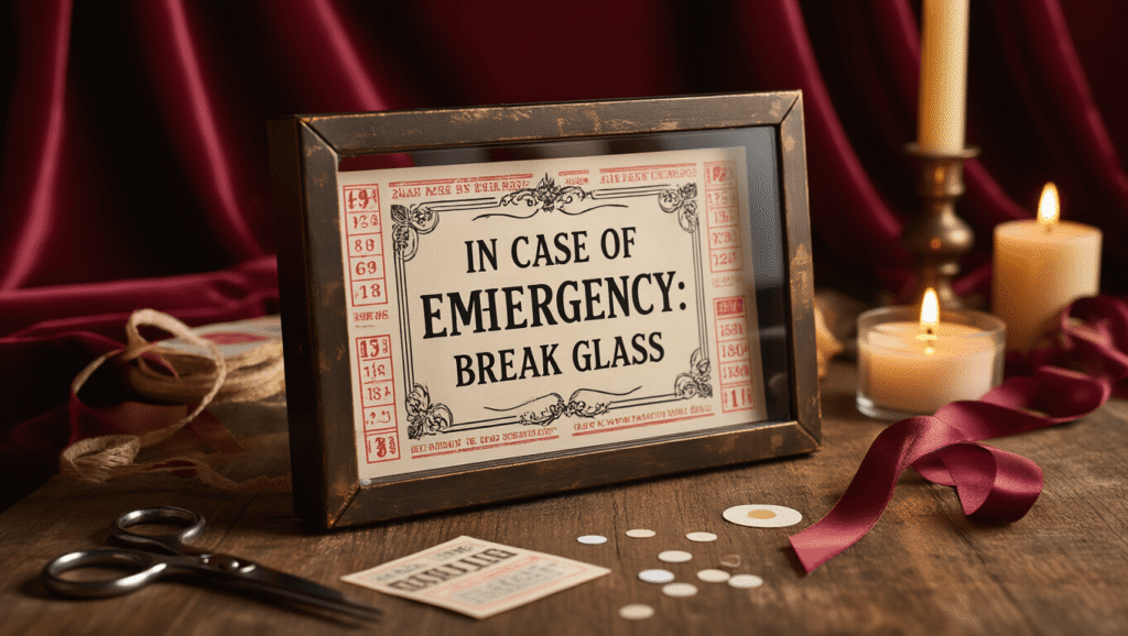 Cinematic close-up of an elegant emergency break glass lottery ticket frame on rustic wood, with soft golden hour lighting, deep burgundy velvet backdrop, and warm candlelight reflections, showcasing artfully arranged lottery tickets behind glass and scattered craft supplies, creating a cozy, inviting atmosphere.