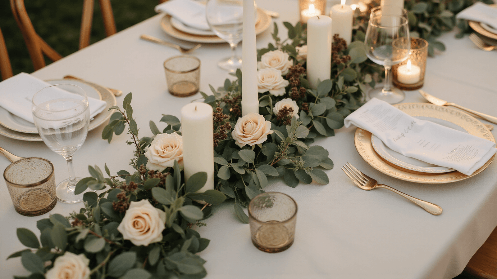 Elegant wedding reception table adorned with a lush eucalyptus garland, cream and blush roses, ivory candles, and gold-rimmed china, captured in warm golden hour light, creating a romantic and sophisticated atmosphere.