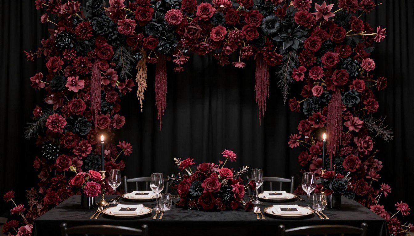 Dark romantic floral backdrop behind sweetheart table with candles