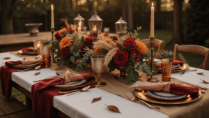 Cinematic overhead view of an opulent fall wedding tablescape featuring a burgundy velvet runner on ivory linen, deep burgundy roses, rust dahlias, and amber candles, with soft string lights and autumn leaves creating a warm, intimate atmosphere.