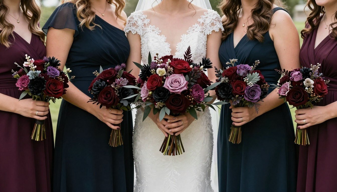 Bridal party with coordinated but varied dark romantic bouquets