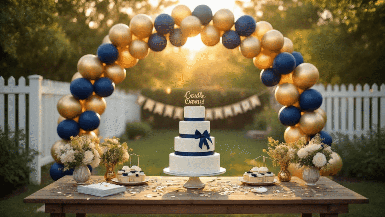 A sunlit backyard graduation party featuring a gold and navy balloon arch over a white fence, a three-tier white cake with navy ribbons, clusters of metallic graduation cap balloons, and warm golden hour lighting creating an inviting atmosphere.