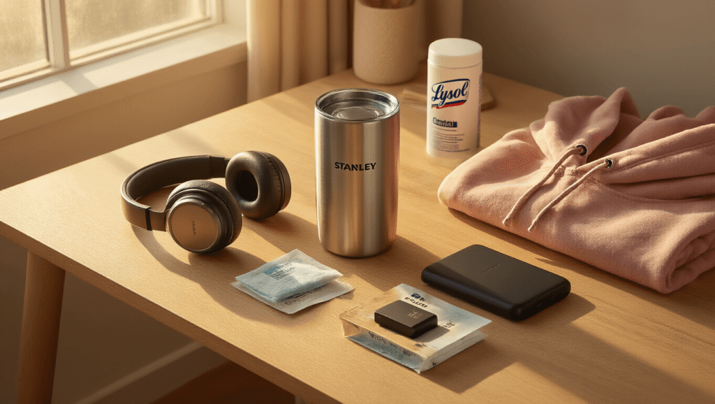 Cinematic overhead shot of a minimalist wooden desk during golden hour, featuring a Stanley tumbler, wireless headphones, a power bank, command strips, Lysol wipes, and a vintage college hoodie, all arranged in a cozy dorm room setting with warm lighting and rich textures.