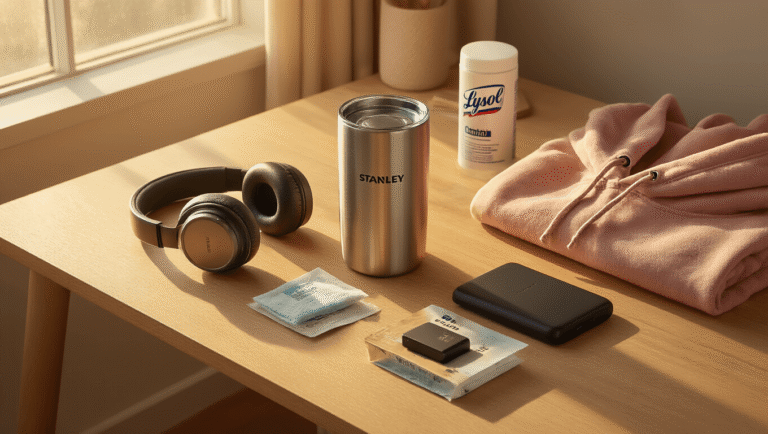 Cinematic overhead shot of a minimalist wooden desk during golden hour, featuring a Stanley tumbler, wireless headphones, a power bank, command strips, Lysol wipes, and a vintage college hoodie, all arranged in a cozy dorm room setting with warm lighting and rich textures.