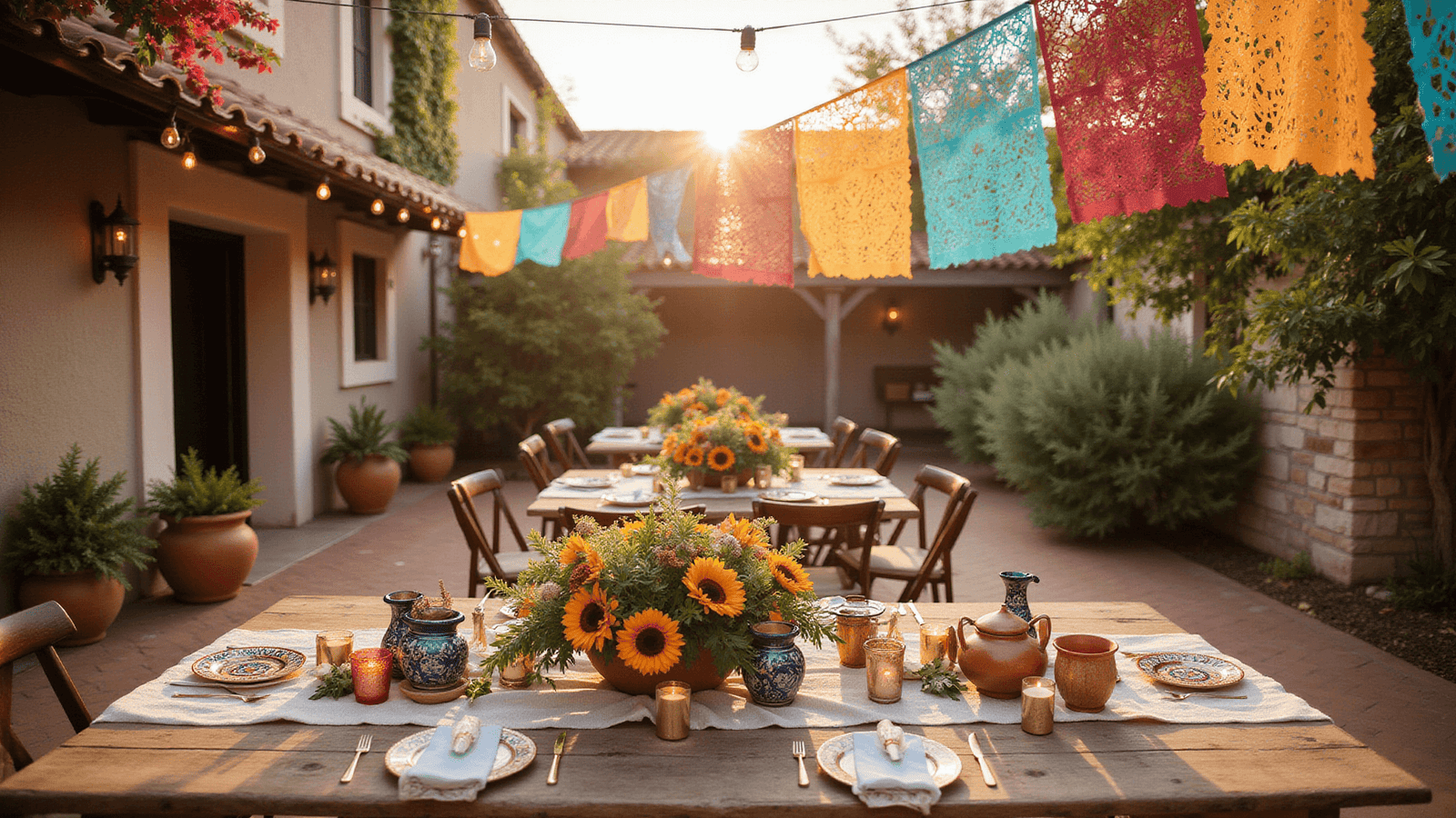 Cinematic overhead shot of a rustic hacienda wedding reception featuring warm amber sunlight, vibrant papel picado banners, hand-painted Talavera pottery, Edison bulb string lights, terracotta pots with greenery and marigolds, and vintage candleholders, all creating an intimate and inviting atmosphere.
