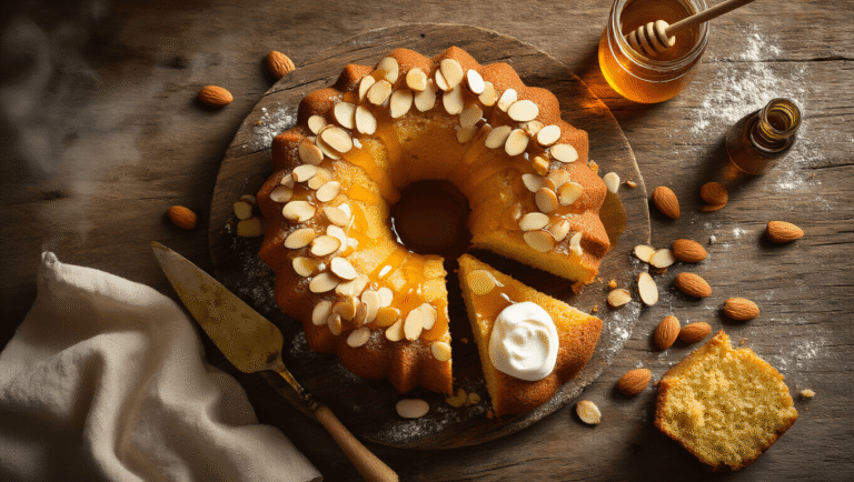 Cinematic overhead shot of a golden honey almond cake drizzled with honey syrup on rustic wood, with toasted almonds, steam rising, and vintage serving items nearby.