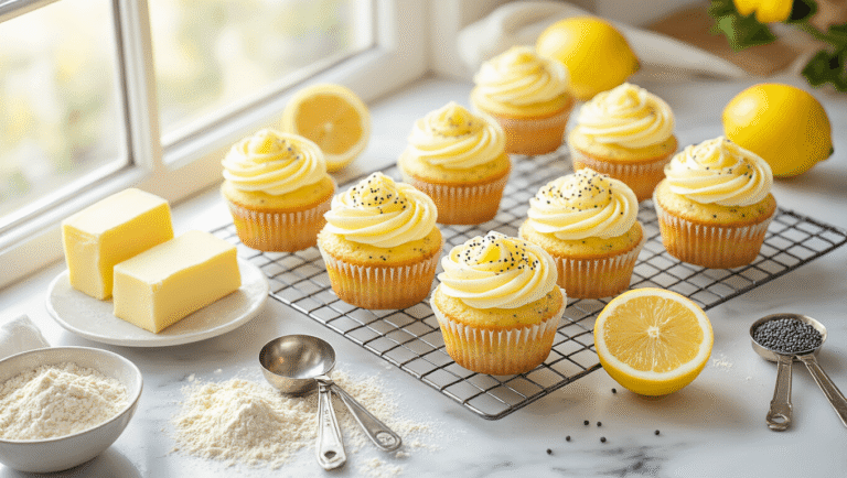 Overhead shot of golden lemon poppy seed cupcakes on a white marble countertop, surrounded by soft butter, fresh lemons, scattered poppy seeds, and measuring spoons, with warm natural light creating a cozy kitchen atmosphere.