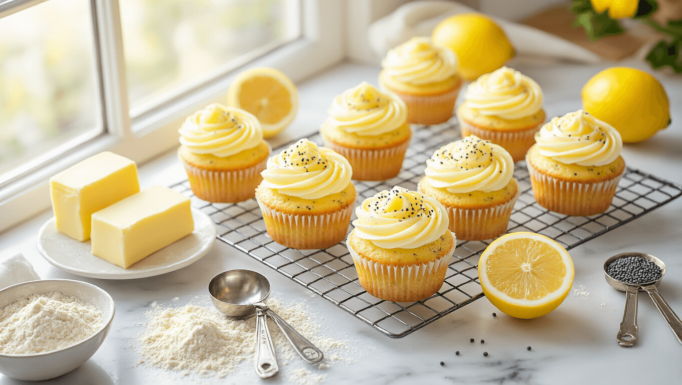 Overhead shot of golden lemon poppy seed cupcakes on a white marble countertop, surrounded by soft butter, fresh lemons, scattered poppy seeds, and measuring spoons, with warm natural light creating a cozy kitchen atmosphere.