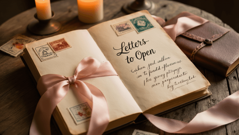 Cinematic close-up of a vintage "Letters to Open When" book on a rustic wooden table, illuminated by warm candlelight, featuring handwritten envelopes, postal stamps, and a blush pink silk ribbon, evoking the essence of long-distance love in a romantic, intimate setting.