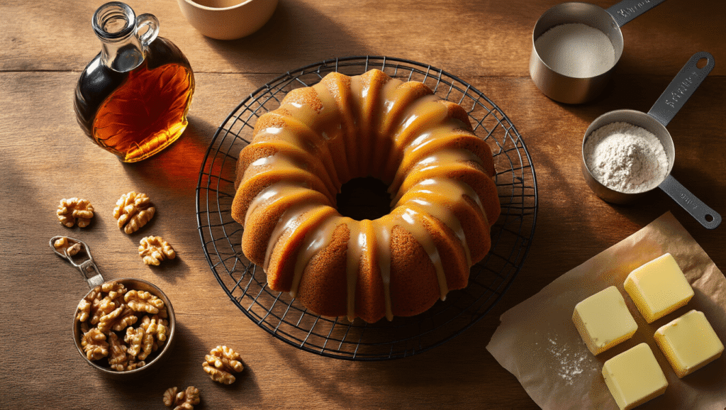 Cinematic overhead shot of a rustic kitchen counter featuring a freshly baked maple walnut bundt cake with amber glaze, surrounded by vintage kitchen ingredients including a glass bottle of maple syrup, toasted walnut halves, measuring cups, eggshells, and butter, all illuminated by warm afternoon light.