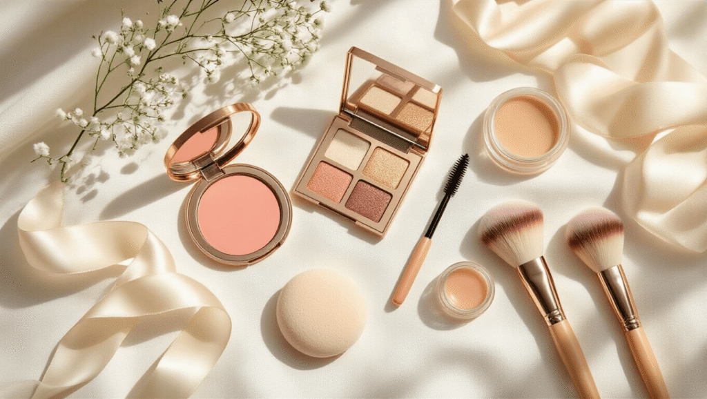 A bright flatlay of minimal bridal makeup essentials on a white linen surface, featuring cream blush, waterproof mascara, champagne shimmer eyeshadow palette, nude lip gloss, damp beauty sponge, and fluffy brushes, with delicate silk ribbon and baby's breath accents.