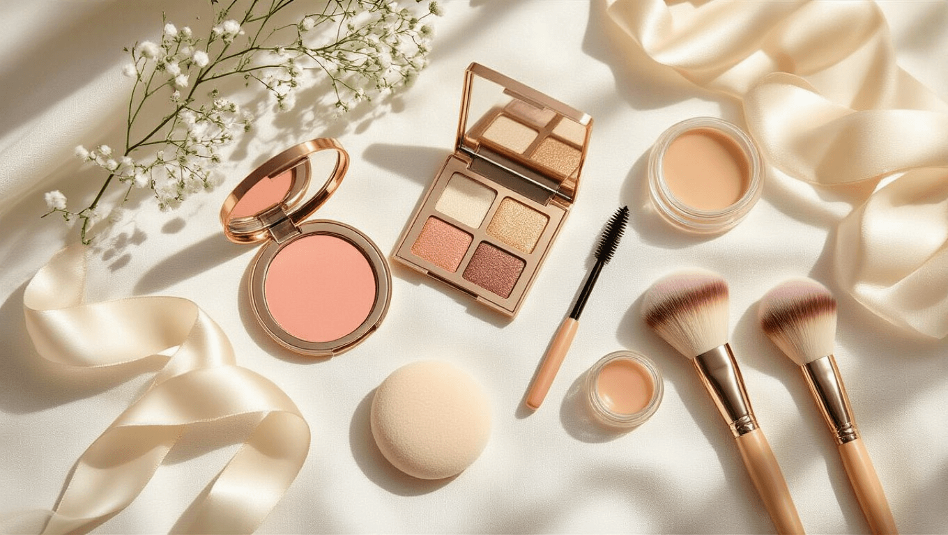 A bright flatlay of minimal bridal makeup essentials on a white linen surface, featuring cream blush, waterproof mascara, champagne shimmer eyeshadow palette, nude lip gloss, damp beauty sponge, and fluffy brushes, with delicate silk ribbon and baby's breath accents.