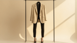 Oversized beige blazer on a clothing rack, paired with fitted black pants and heels, styled on a clean cream background with warm lighting, showcasing textile details in an elegant fashion editorial aesthetic.