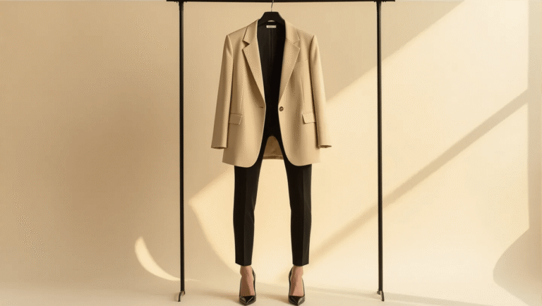 Oversized beige blazer on a clothing rack, paired with fitted black pants and heels, styled on a clean cream background with warm lighting, showcasing textile details in an elegant fashion editorial aesthetic.