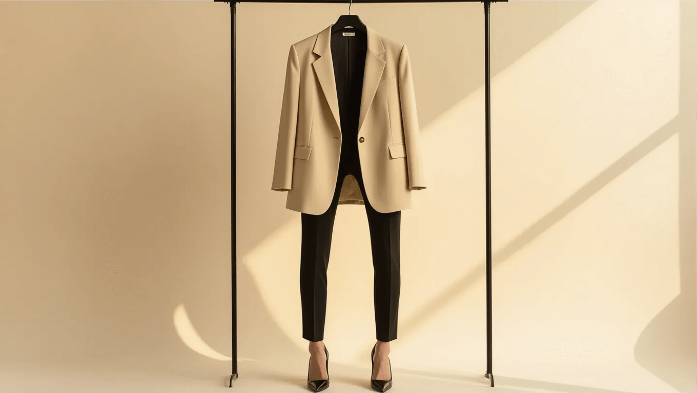 Oversized beige blazer on a clothing rack, paired with fitted black pants and heels, styled on a clean cream background with warm lighting, showcasing textile details in an elegant fashion editorial aesthetic.