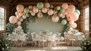 Ultra-detailed pastel balloon wedding reception in a rustic barn, featuring soft pink and sage green balloons, eucalyptus garlands, elegant white chairs, marble-topped tables with gold-rimmed glassware, and ivory rose petals on wooden floors, all illuminated by warm sunlight for a romantic atmosphere.
