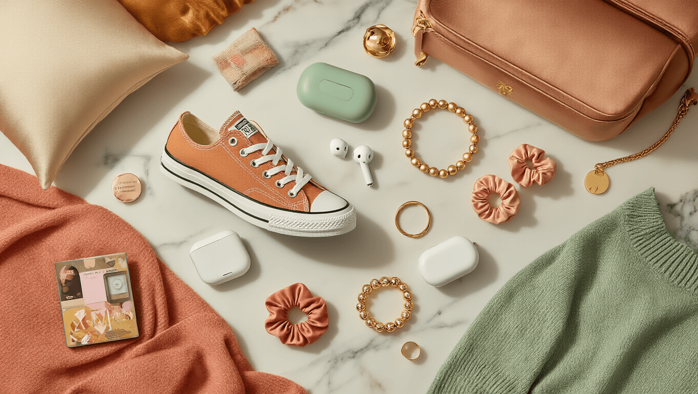 Cinematic flat lay of a curated gift collection featuring trendy accessories like customizable Chuck Taylor sneakers, aesthetic fidget toys, and Lululemon belt bag, arranged on marble and velvet surfaces with warm golden hour lighting and a pastel color palette.