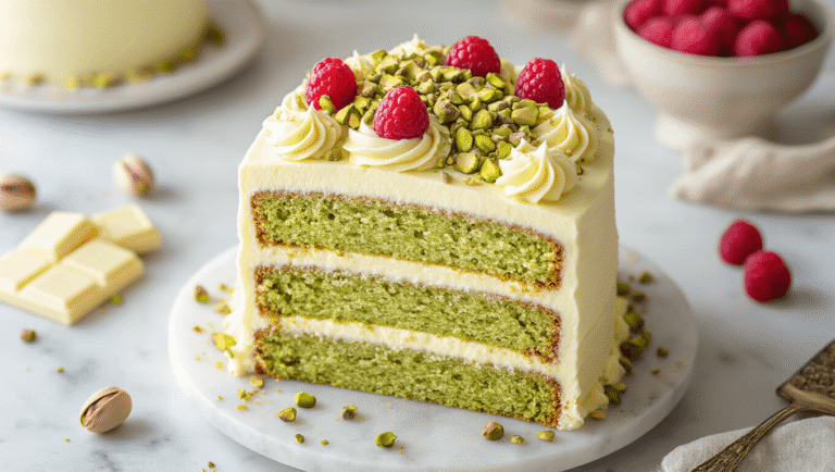 Cinematic overhead shot of a layered pistachio white chocolate cake with visible green sponge layers and creamy buttercream, adorned with chopped pistachios and white chocolate shavings, set on a rustic marble surface in warm golden hour lighting, featuring a vintage cake server and ground pistachio powder, topped with fresh raspberries for an inviting homemade touch.