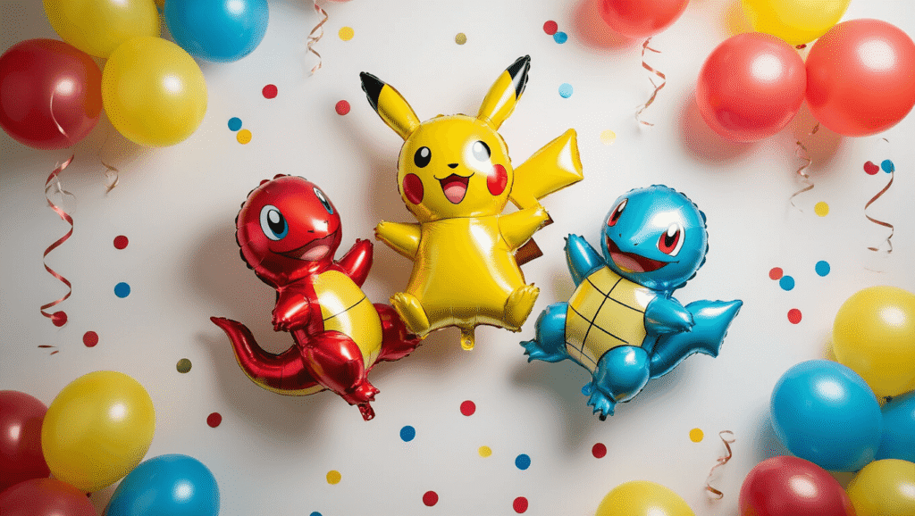 Cinematic overhead shot of a colorful Pokemon-themed balloon arrangement featuring Pikachu, Charmander, and Squirtle character balloons on a clean white surface, surrounded by vibrant latex balloons and Pokeball-patterned confetti, illuminated by warm natural lighting.