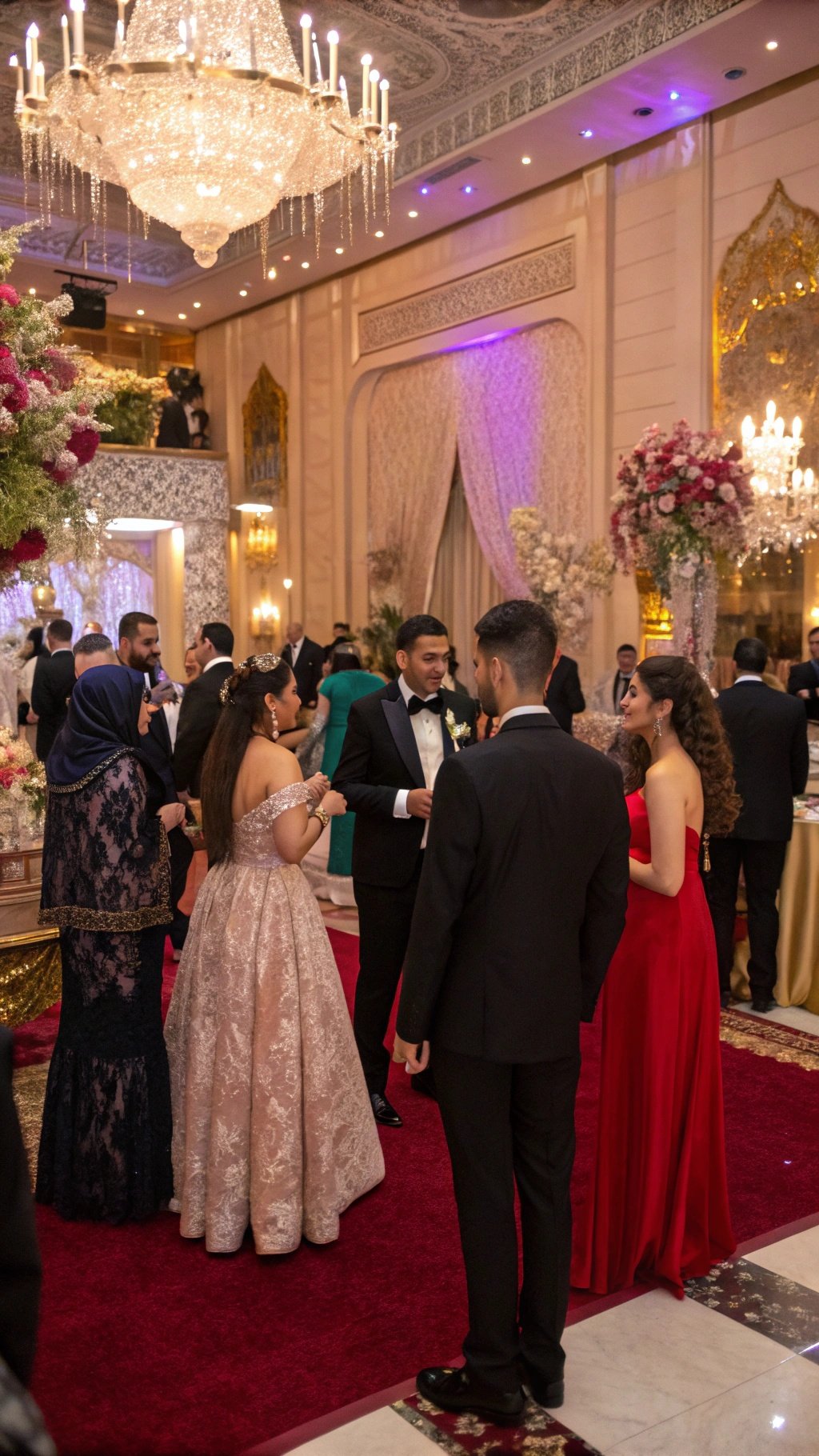 Guests at a formal wedding, showcasing elegant attire in a luxurious setting.