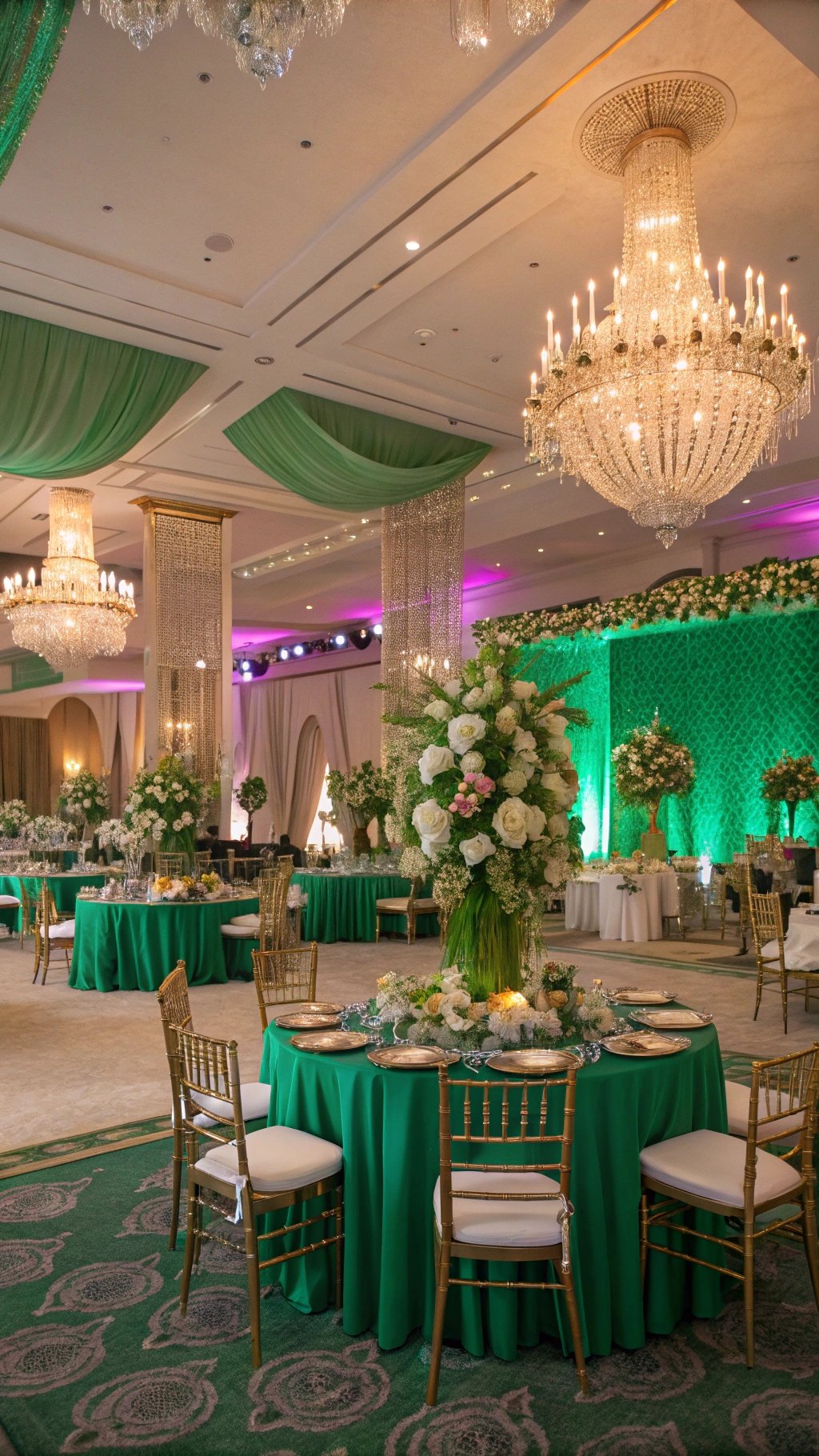 Elegant emerald green wedding reception decor with chandeliers, floral arrangements, and golden accents.