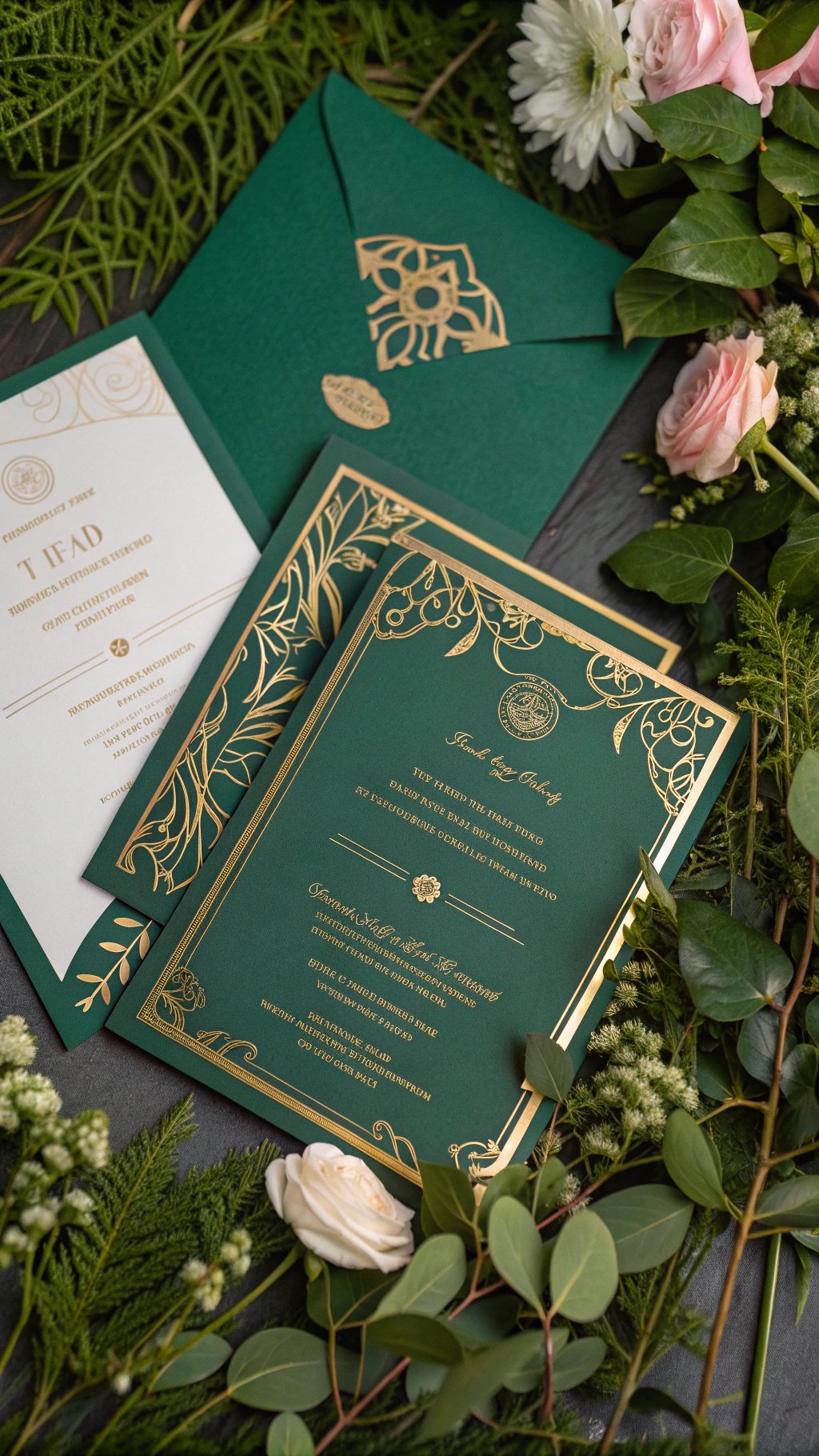 Emerald green wedding invitations with gold accents and floral decorations. Emerald Green Wedding