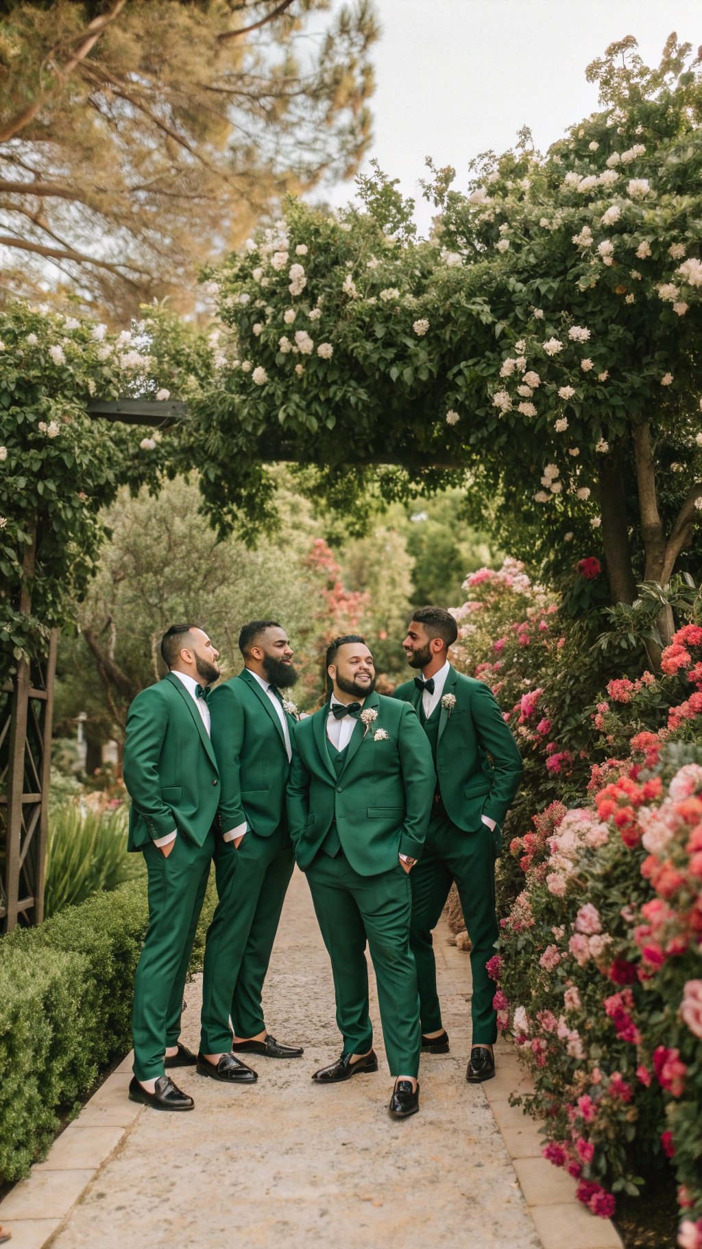 Groomsmen in emerald green suits posing in a garden