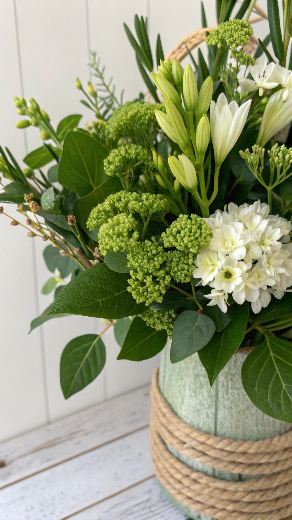 A floral arrangement featuring green and white flowers in a rustic vase