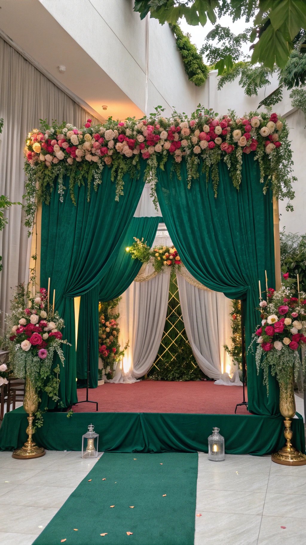 Emerald green wedding ceremony backdrop with floral arrangements