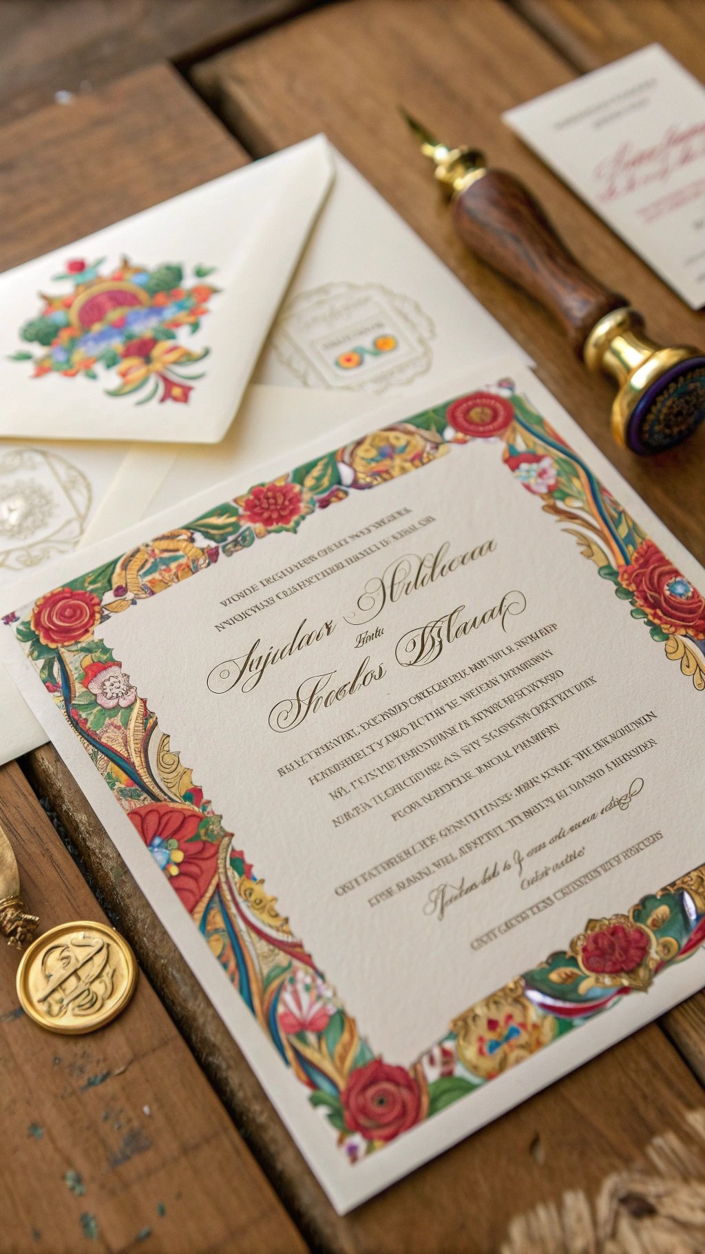 A traditional wedding invitation with intricate floral designs and elegant script, accompanied by a decorative envelope and a wax seal. Old Money Wedding
