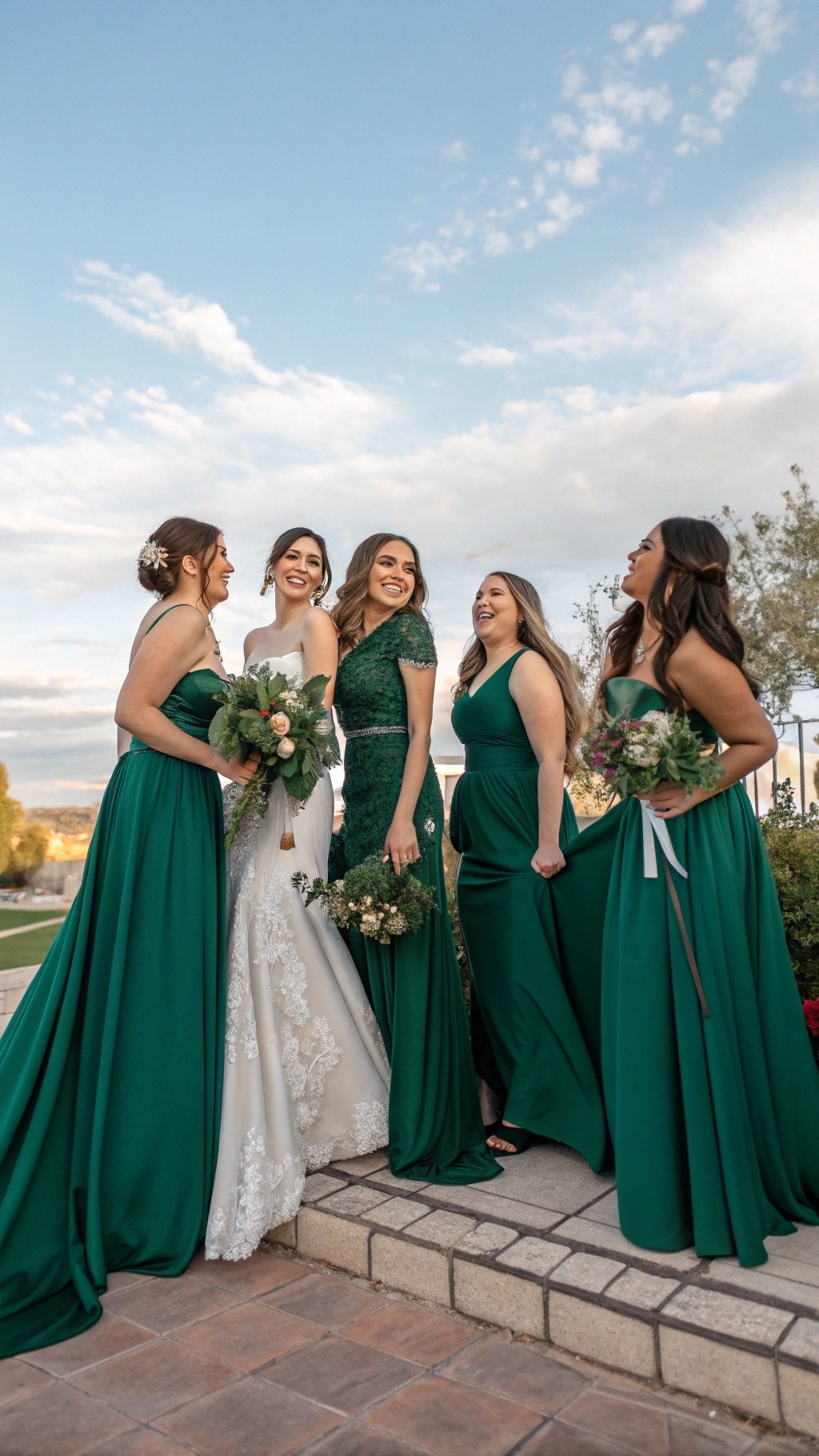 Group of bridesmaids in emerald green dresses smiling together at a wedding