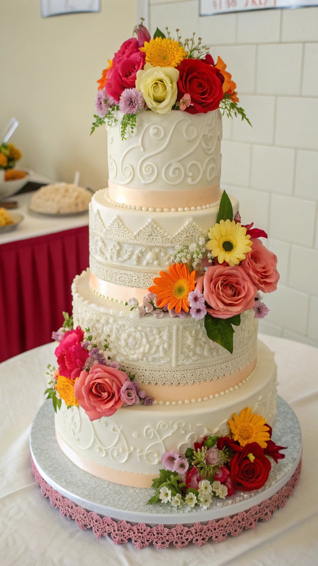 A three-tiered wedding cake decorated with flowers and lace patterns.