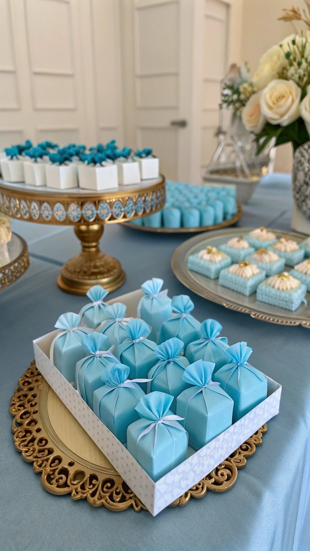 A display of baby blue wedding favors in elegant boxes with ribbons. Baby Blue Wedding