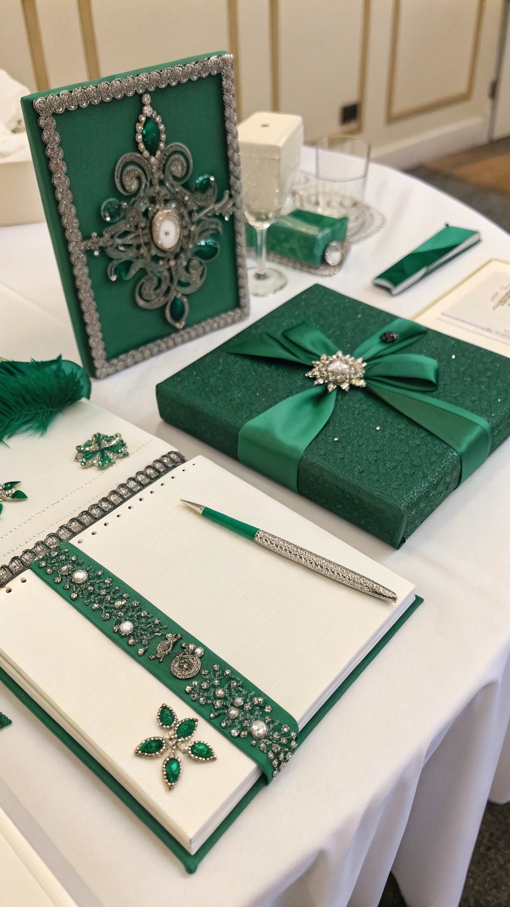 An elegant emerald green guest book setup with embellishments and a matching pen.