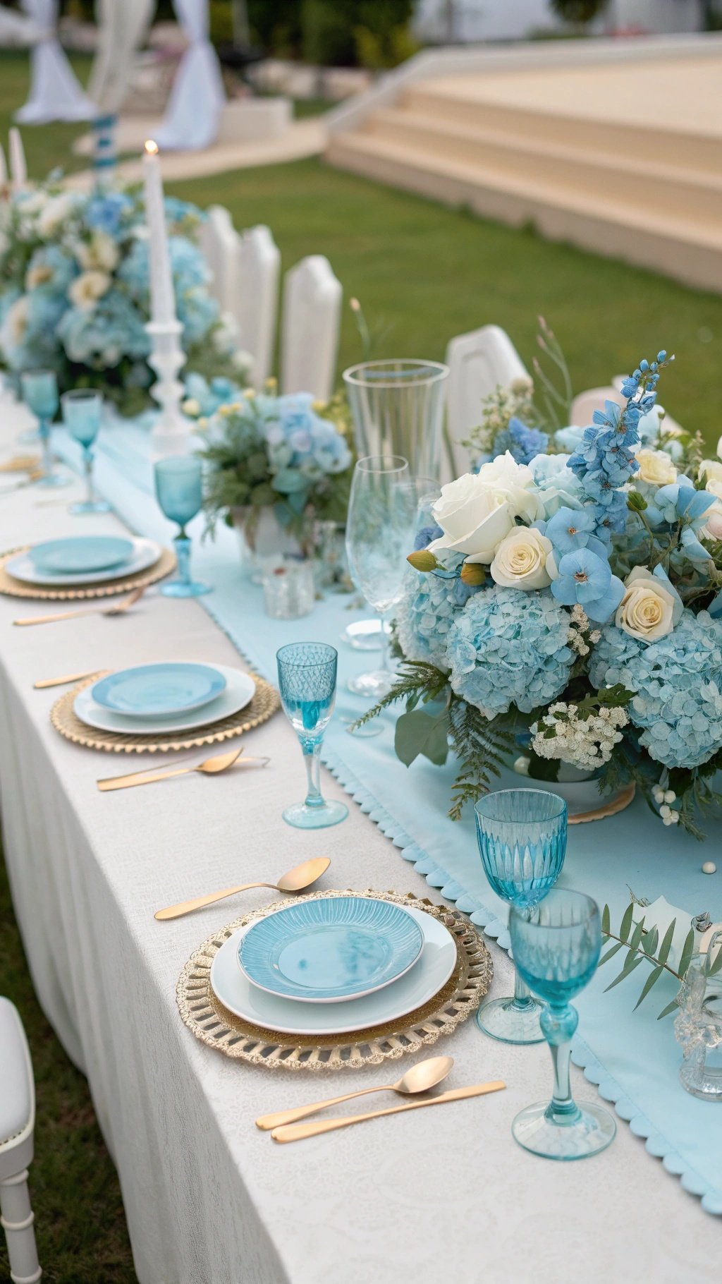 A beautifully arranged wedding table featuring baby blue decor, floral arrangements, and elegant tableware.