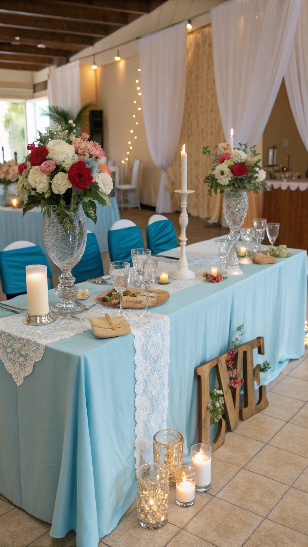 Elegant baby blue wedding table decor with floral arrangements and candles