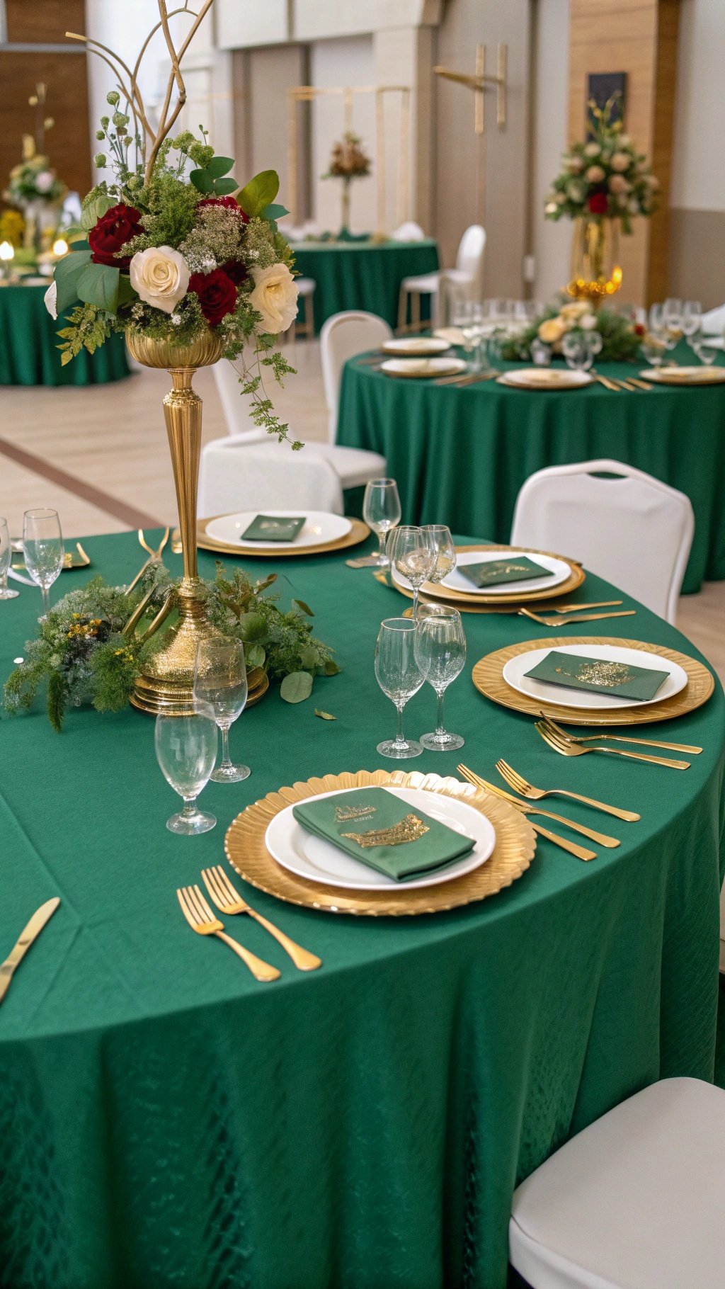 Elegant emerald green wedding table setting with gold accents and floral arrangements.