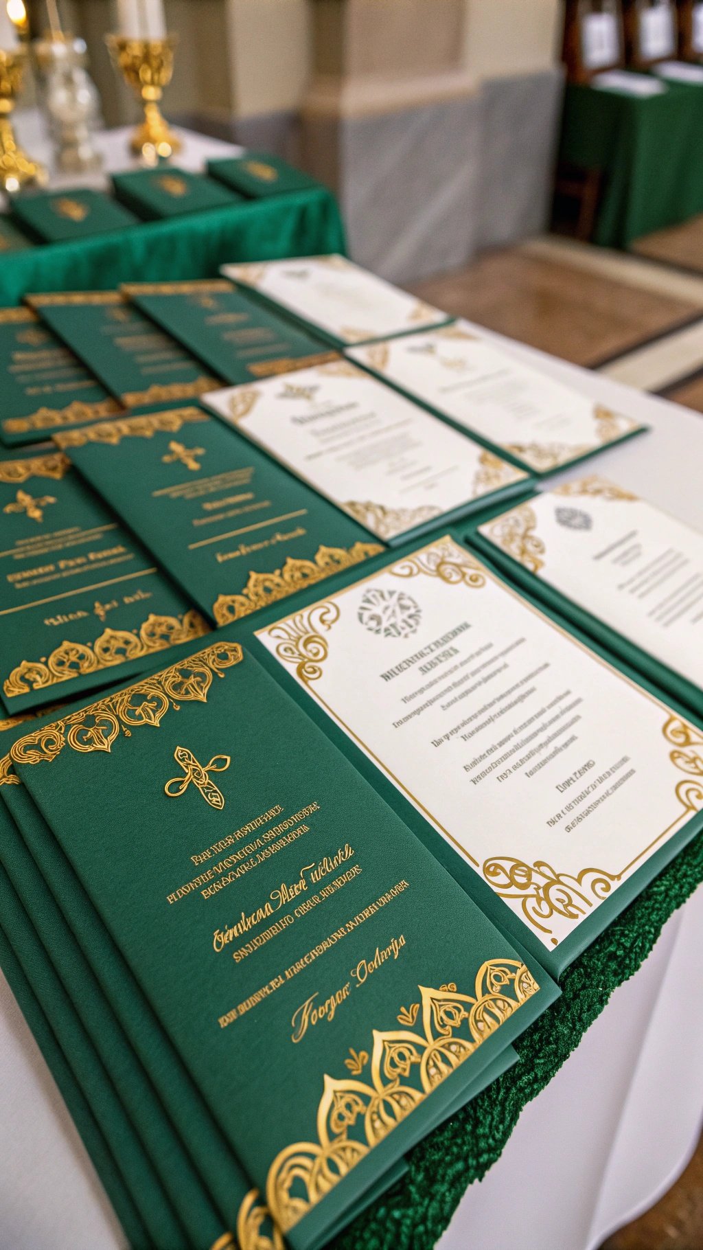 A display of emerald green wedding programs with gold accents, elegantly arranged on a table.