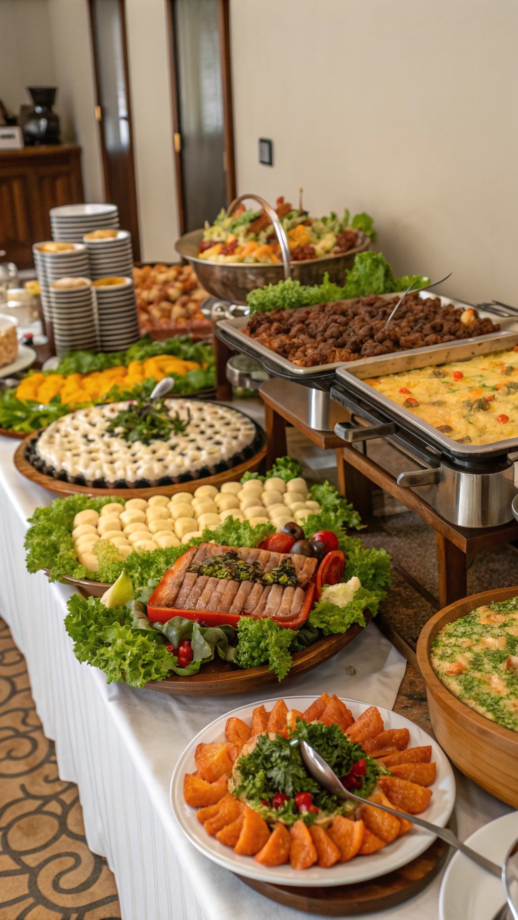 A lavish buffet spread featuring gourmet dishes, salads, and meats, beautifully arranged for a wedding.