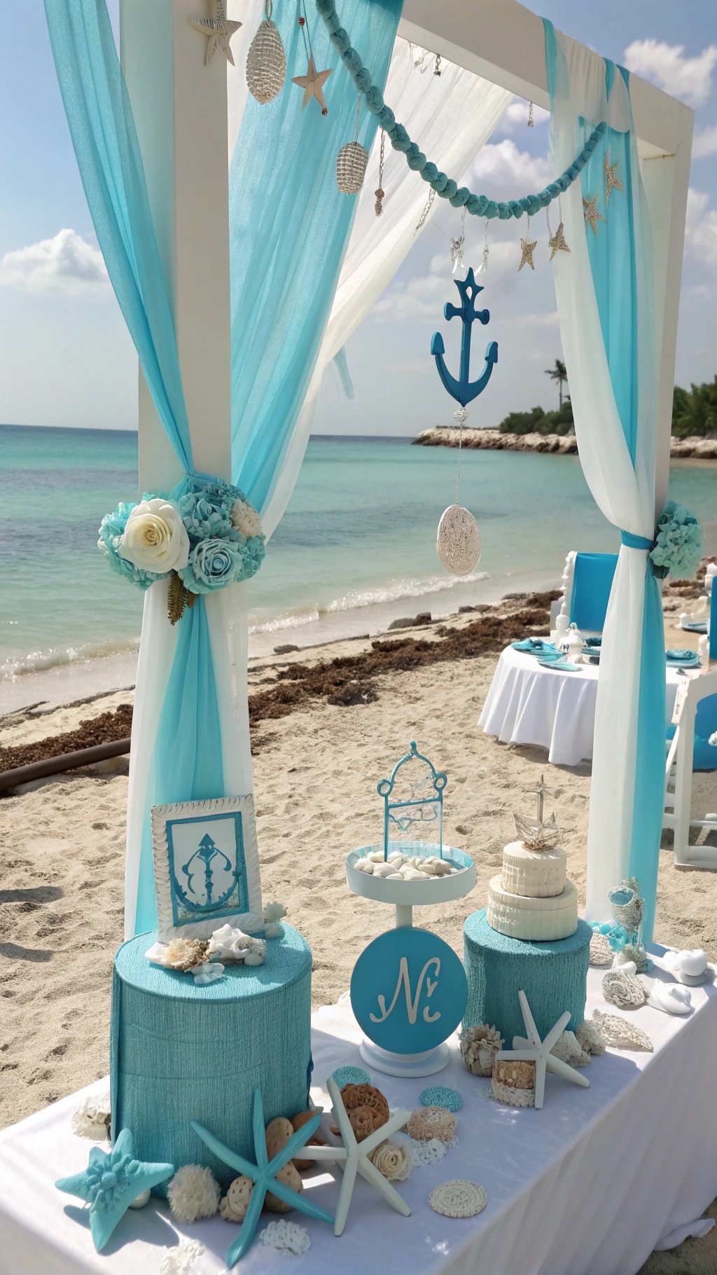 A beautiful beach wedding setup with baby blue decorations, an anchor, and seashells.
