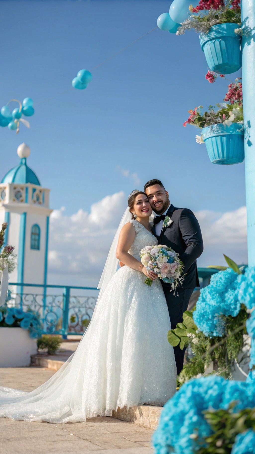 A couple in a baby blue themed wedding setting, with blue decorations and flowers.