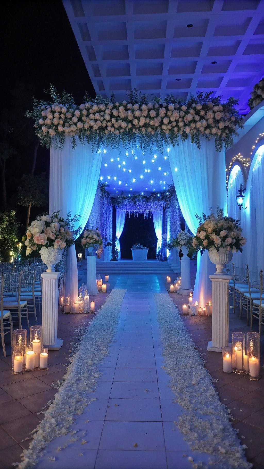 A beautifully lit wedding aisle with blue lighting, floral arrangements, and candles.