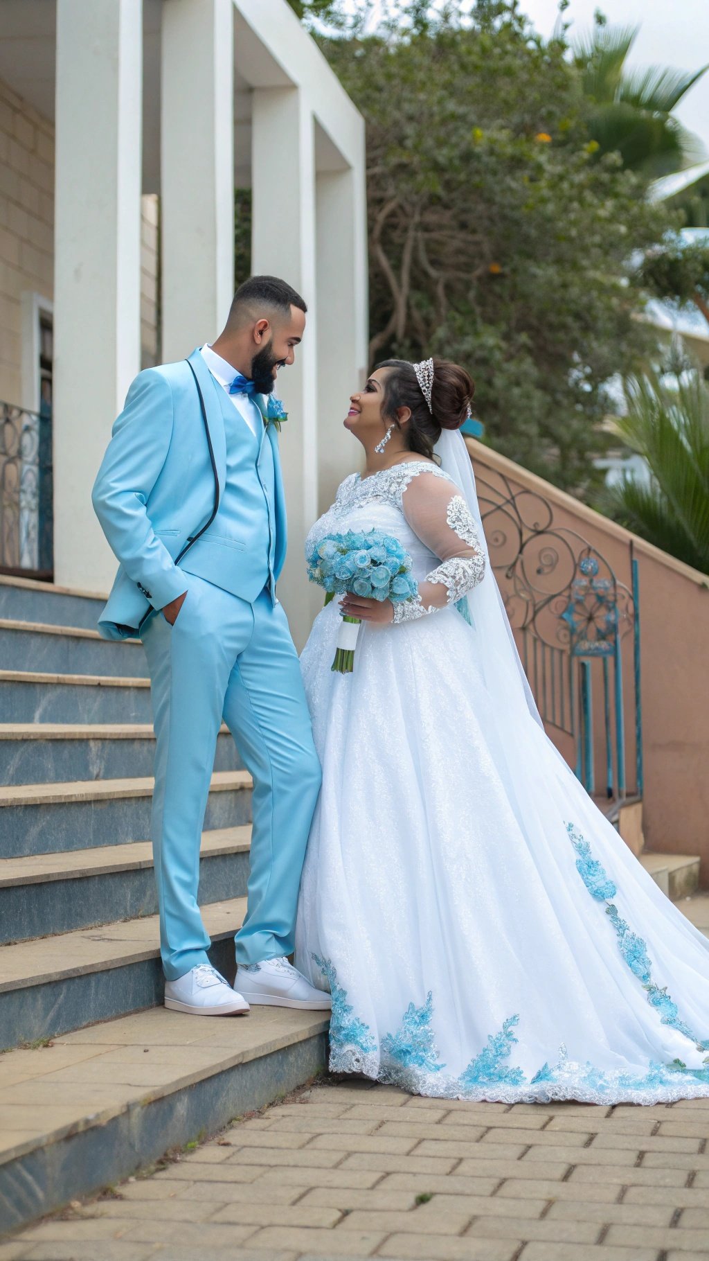 A couple in baby blue wedding attire, with the groom in a light blue suit and the bride in a white gown with baby blue accents.