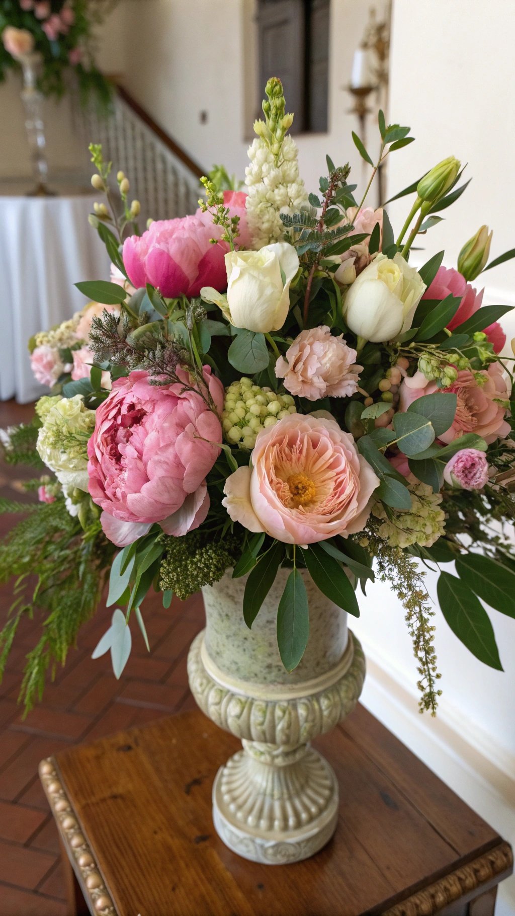 A beautiful floral arrangement featuring peonies, roses, and greenery in an ornate vase.