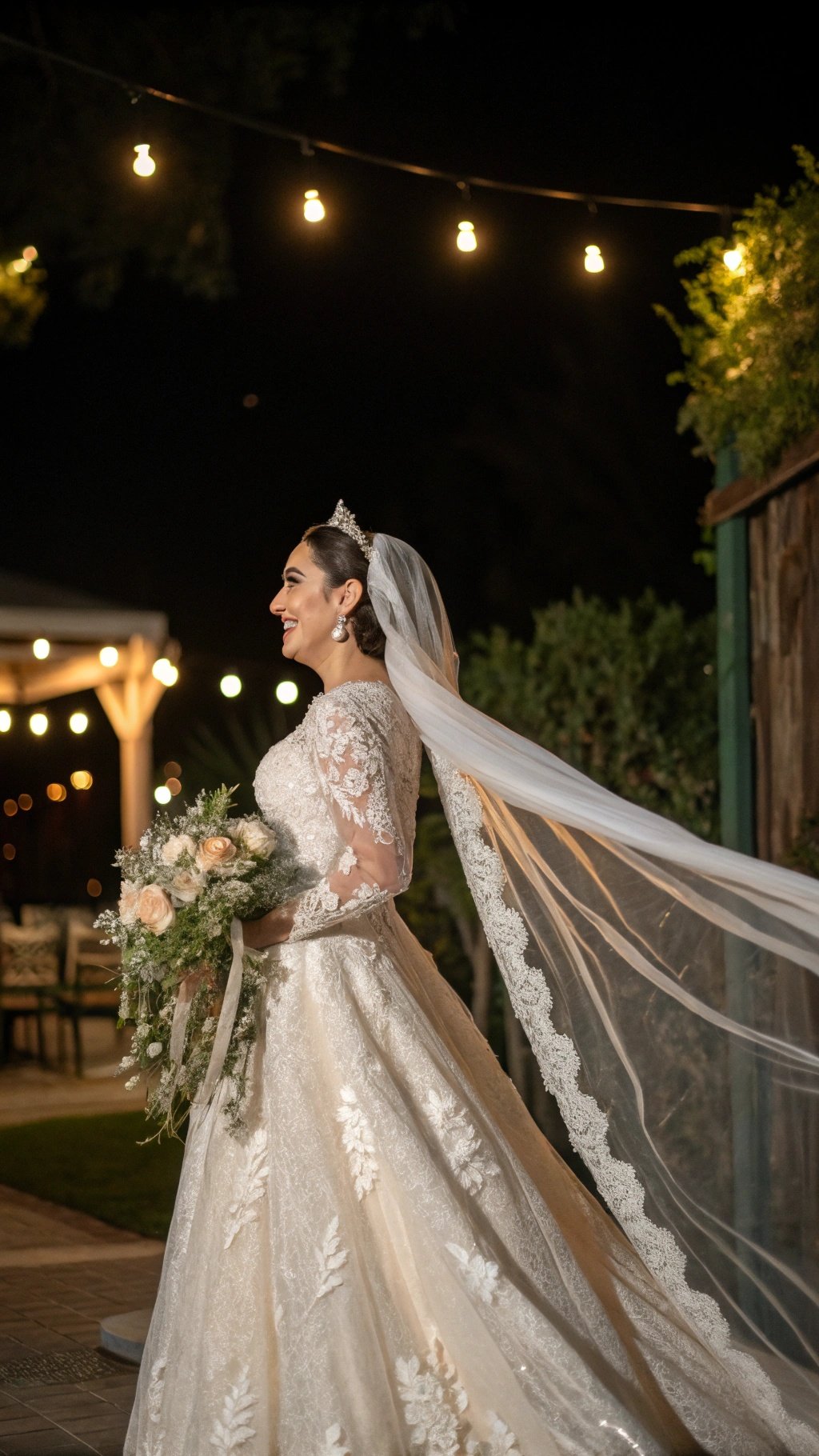 Bride in a classic wedding gown with lace details, long veil, and bouquet, illuminated by string lights.