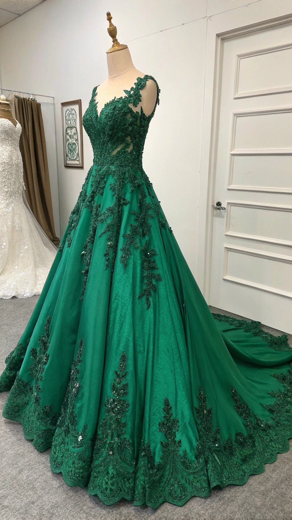 A stunning emerald green bridal gown with intricate floral embellishments and a flowing skirt.